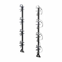 This trailer frame-mount tool holder secures up to four trimmers. The channel-style design accommodates trimmer shafts and includes a lockable mechanism for theft deterrence. Suitable for transporting landscaping equipment on trailers.
