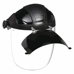 Reusable face shield assembly with clear polycarbonate visor for hard hats. Compatible with model S61970. Provides impact and splash protection in industrial environments.