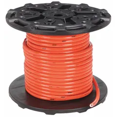 This TPE bulk air hose features a 3/8-inch inside diameter and an orange TPE cover. Rated for a maximum working pressure of 300 psi at 70°F, it is suitable for compressed air lines and pneumatic tool supply in industrial and workshop environments.