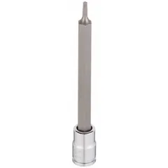This Torx bit socket features a T10 tip size and a fixed insert design. With an overall length of 3 1/2 inches, it is used for driving T10 Torx fasteners in assembly, repair, and maintenance tasks.