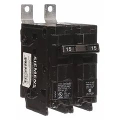 The Siemens B215H is a 15 A, 2-pole miniature circuit breaker rated 120/240V AC, single-phase, with a maximum AIR rating of 22kA at 120/240V AC. This bolt-on type breaker is part of the BL series and is designed for use with Siemens P1 panelboards, providing overcurrent protection in electrical distribution systems.