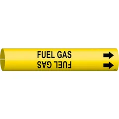 Snap-on pipe marker for identifying fuel gas piping. Yellow background with black 'Fuel Gas' legend and directional arrows. Fits pipe outer diameters from 1-1/2 to 2-3/8 inches. Suitable for industrial facilities where clear pipe identification is required for safety and maintenance.