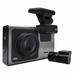 Vehicle interior surveillance dash cam recording front video at 4096 x 2160 pixels and rear video at 1920 x 1080 pixels. Features a 140° front viewing angle, H.264 compression, 30-second pre-event recording, and includes an SD card. Live Police Alerts provide notifications of nearby law enforcement activity.