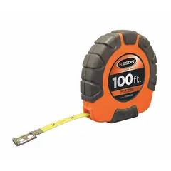 KESON ST101003X manual closed-reel long tape measure with 100 ft SAE/Engineers scale graduated in 1/100 ft increments. Single-sided hook-end design with nonmagnetic single hook. Stainless steel construction. Suitable for measuring distances in engineering layout, surveying, and industrial tasks requiring precise graduations.