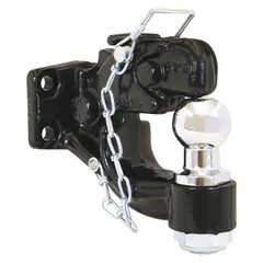 This pintle hook hitch with ball mount is constructed from steel with a powder-coated finish. It features a 2-inch ball diameter and a gross trailer weight capacity of 16,000 lb. Suitable for heavy-duty towing applications such as industrial equipment transport, construction, and agricultural use.