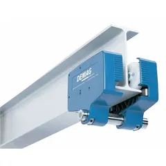 Cast aluminum push trolley for mounting a hoist on a flat beam. Supports a maximum hoist load capacity of 2,400 lb and fits beam flange widths from 7 7/8 in to 12 3/16 in. Used for manual movement of loads along overhead beams in material handling applications.