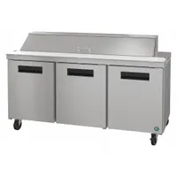 This HOSHIZAKI refrigerated prep table offers 18 cu ft of cold storage with three doors, providing accessible ingredient storage beneath a worktop surface for food preparation. It features thermostatic control and is suited for commercial kitchen environments such as restaurants and cafeterias