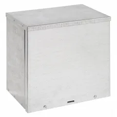 Galvanized steel enclosure with solid screw-on cover and padlock hasp closure. Measures 12 x 12 x 8 inches. NEMA 3R rated for outdoor use, protecting against rain and sleet. Knockouts not included. Suitable for housing electrical controls, terminals, and instruments.