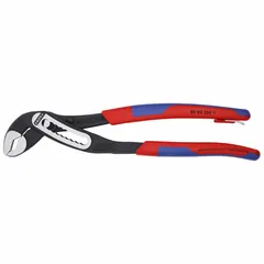 Serrated groove joint pliers with V-shaped jaws for gripping pipes, nuts, and fittings. 10 in overall length, 2 in max jaw opening, 9 adjustable positions. Suitable for plumbing, HVAC, and general maintenance tasks.