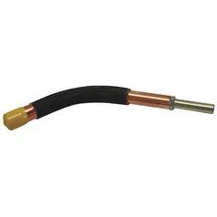 Metal-jacketed conductor tube for Tweco MIG guns, designed for the Master 350 Series. Features a 45° angle and 3-inch radius to direct welding wire through the gun neck. Suitable for replacement in industrial welding applications requiring precise wire delivery.