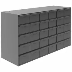 This modular steel drawer cabinet is assembled and includes 30 gray steel drawers with inside dimensions of 5-11/32 in x 11-1/4 in x 3-3/4 in. Dividers are included for organizing small parts. The cabinet features a powder-coated gray finish and is stackable for modular storage expansion in workshops and warehouses.