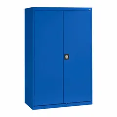 This stationary shelf cabinet from SANDUSKY is constructed from welded steel with a powder-coated blue finish. It includes four adjustable shelves and features a three-point locking system with a recessed handle. Suitable for organizing tools, parts, or supplies in industrial and commercial settings.