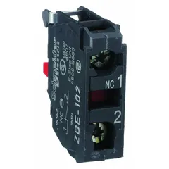 Momentary contact block with 1 normally closed (NC) contact. Features screw clamp terminals for secure wiring. Designed for 22 mm panel mounting and compatible with ZB4 series. Used in industrial control panels, machine control, and operator stations.