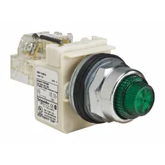 Green incandescent pilot light from the SCHNEIDER 9001K Series, designed for 30 mm panel mounting. Includes a push-to-test feature for verifying lamp operation. Suitable for industrial control panels requiring visual status indication.