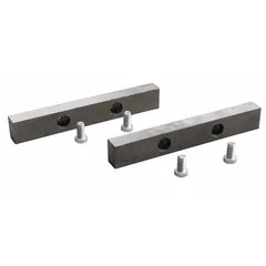 Steel screw-in vise jaw caps designed for a 5-inch vise jaw width. Secured with 4 screws. Compatible with models 10D696 and CT-102-5. Used to replace worn or damaged jaws on vises in industrial workshops and maintenance facilities.