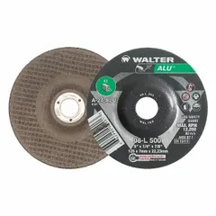 General purpose grinding wheel for soft metals. Type 27 depressed center design. 5 in diameter, 1/4 in thickness, 7/8 in arbor hole. 24 grit ALU series minimizes loading on aluminum and non-ferrous materials.