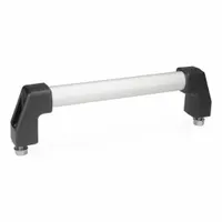 This front-mount tubular pull handle features a silver finish and black polyamide leg style. It has a 19.69 in mounting hole center-to-center distance and M10 screw size. Designed for industrial enclosures, machinery doors, and heavy-duty access panels, it provides secure ergonomic operation in manufacturing and automation environments