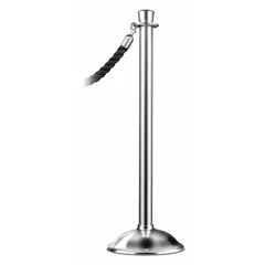 Steel tapered-top rope barrier receiver post with satin chrome finish and cast-iron dome. Post height 38 1/2 in, accommodates rope barriers from 36 in to 40 in. Not ADA compliant. Used for crowd control and queue management in commercial or public spaces.