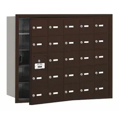 Horizontal multi-unit mailbox with 25 lockable front doors, designed for recessed mounting. Measures 29 3/4 in H x 35 3/4 in W x 16 1/2 in D. Suitable for centralized mail distribution in apartment buildings, offices, or commercial facilities.