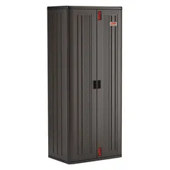 This commercial plastic shelf cabinet measures 30 in x 20 1/4 in x 72 in and is supplied unassembled in gray. It features 4 adjustable shelves, a recessed pull, and a padlock hasp for secure storage. Suitable for organizing tools and supplies in warehouses, garages, and workshops.