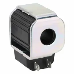 This 12V DC cartridge valve coil from Parker is designed for actuating hydraulic cartridge valves in fluid power systems. It features a Dual Spade electrical connection and a housing made of Glass Filled Rynite. Overall dimensions: 1.97 in height, 1.43 in width.