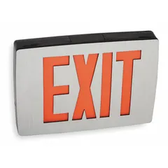 This aluminum exit sign features LED illumination with red text on a black housing. It operates on 120/277 V AC and includes a nickel cadmium emergency battery backup. The two-face ceiling-mount unit has universal field-selectable chevrons for directional indication. Suitable for commercial building egress pathways requiring code-compliant exit signage.