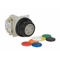 Momentary-action flush push button from the 9001SK series. Features a 30 mm flush profile with non-metallic construction and 1NC contact configuration. Suitable for low-profile control interfaces in industrial machinery and panel applications.