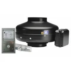 4-inch inline duct fan with a maximum airflow of 153 cfm. Powered by an 84 W, 115V AC, single-phase standard-efficiency motor. Includes a 230V interlock switch and operates at a single speed. Constructed from galvanized steel. Used to boost airflow in dryer exhaust ducts, reducing drying times and preventing lint buildup.