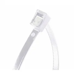 Natural-colored cable tie with built-in tail clipper, rated for outdoor use. Nominal length 11 in, maximum bundle diameter 3 in. Supplied in a standard 20-pack. Suitable for bundling and securing cables in electrical, telecommunications, and general wiring applications.