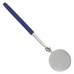 Round inspection mirror with a 2 1/4-inch diameter glass mirror and plastic handle. Used for viewing hard-to-see areas in machinery, engines, and confined spaces without disassembly.