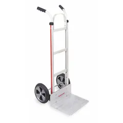 This dual-handle hand truck features a silver aluminum frame for corrosion resistance and flat-free rubber tires that eliminate punctures. Suitable for moving loads up to 500 lb in industrial, warehouse, and commercial environments where moisture or debris is present.