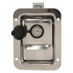 This stainless steel paddle latch is designed for use on truck boxes to secure storage compartments. It has an overall height of 4 3/4 inches and comes in a silver finish. The latch includes keys for locking and is compatible with truck box model number 04025.
