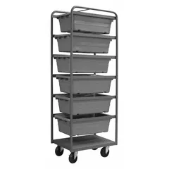 Steel vertical rack-style tub cart with six gray bins and a bottom shelf. Gray finish. Two usable sides. Equipped with two swivel casters for mobility. Used for organizing and transporting parts, tools, or materials in industrial facilities, warehouses, and workshops.