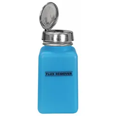 This HDPE dispensing bottle is designed for flux remover applications. It has a 177 mL (6 fl oz) capacity, a blue body, and includes a sterile dropper and closure. The bottle is suitable for precise dispensing in electronics assembly and rework.