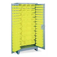 This LYON bin cabinet is a steel, powder-coated unit with a gray finish, designed for organizing small parts and components in industrial environments. It includes 136 yellow bins (each 7 in x 8-1/4 in x 14-3/4 in) and a 14 ga panel. The cabinet is assembled and features a shelf and bin style with no shelves