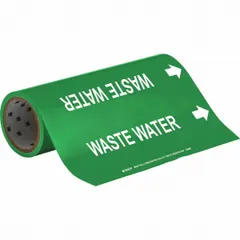 Green adhesive pipe markers with white 'Waste Water' legend and directional arrows. Each marker fits pipes with outer diameter 2-1/2 to 6 inches. Pack of 30 for identifying waste water lines and indicating flow direction in piping systems.