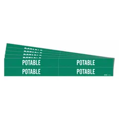 Green adhesive pipe marker with white legend reading 'Potable'. Fits pipe outer diameters from 3/4 to 2-3/8 inches. Pack includes 4 markers without arrows, sold in a 5-pack quantity. Used to identify potable water lines in piping systems.