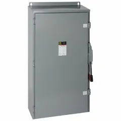 The SQUARE D H325AWK is a 400 A, three-phase fusible safety switch rated for 240V AC. It features a galvanized steel enclosure suitable for indoor and outdoor use. This switch is used to safely disconnect electrical power for maintenance or emergency shutdown in industrial and commercial power distribution systems.