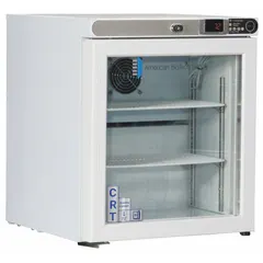 This cabinet maintains a stable temperature range of 20°C to 25°C for controlled room temperature storage. It operates at 115 V and includes two adjustable shelves. The left hinge door provides access to the interior. Overall dimensions: 17 1/4 in wide by 19 1/4 in deep.