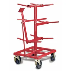 This open-spindle-style wire-spool dispensing cart from GARDNER BENDER features a red finish and accommodates 10 spindles for organized wire dispensing. It is equipped with two rigid casters for stable positioning. Typical applications include use in industrial settings such as electrical contracting, manufacturing, and maintenance shops where multiple wire spools need to be handled efficiently.
