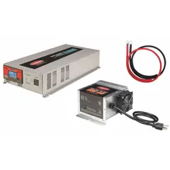 This multi-unit inverter with integrated battery charger converts 10.5 to 15V DC to 120V AC pure sine wave power, delivering 6000W peak output. The charger accepts 105 to 130V AC input and outputs 13.2V to 14.4V for battery charging. Suitable for mobile, marine, and off-grid power systems requiring clean AC power and battery maintenance.