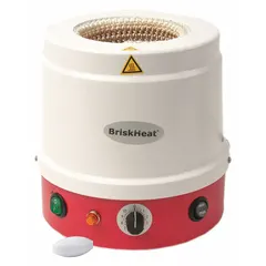 This metal-housed heating mantle with built-in magnetic stirrer is designed for 100 mL round-bottom flasks. It features a plastic mantle material, a maximum temperature of 450°C, and a maximum wattage of 110 W. A controller is included and required for operation. Suitable for laboratory synthesis, distillation, and reflux applications requiring uniform heating and stirring.