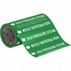 Green adhesive pipe marker with white legend reading 'High Pressure Steam' and directional arrows. Designed for pipes with outside diameter of 2 inches and smaller. Each roll contains 30 markers for identifying steam piping in industrial settings.