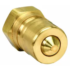 Brass-bodied ISO B Series hydraulic quick-connect coupling plug with 3/4"-14 thread and nitrile seal. Rated for maximum flow rate of 106 lpm. Used in fluid power systems for rapid connection and disconnection of hydraulic lines in mobile equipment, industrial machinery, and hydraulic tool circuits.