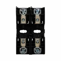 This 2-pole fuse block from BUSSMANN is designed for UL Class RK1 and RK5 fuses, rated 250 V AC. It features pressure plate terminals and a non-indicating, open-block design. Suitable for mounting and connecting fuses in industrial control panels, motor circuits, and power distribution systems.