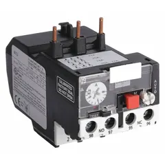 Three-pole IEC thermal overload relay with integrated bimetallic elements, eliminating the need for separate thermal units. Features 1NO/1NC auxiliary contacts and phase loss sensitivity. Adjustable current range 5.5 A to 8 A. Compatible with Dayton contactors rated 9 to 18 Amps. Used for motor protection in industrial control panels, conveyors, pumps, and HVAC equipment.