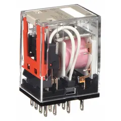Socket-mounted relay from the OMRON MY Series with a square base and flat pins. Features 4PDT contact configuration, 5 A current rating at 240V AC, and 1.5 A operating current at 24V DC for inductive loads. Includes 14 quick-connect terminals for plug-in mounting. Suitable for general-purpose switching in control panels and automation systems.