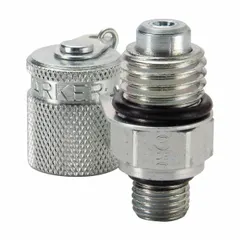 Steel hydraulic quick-connect test plug with male SAE fitting and 7/16-20 thread. Used for connecting test equipment to hydraulic systems for pressure measurement and diagnostics.