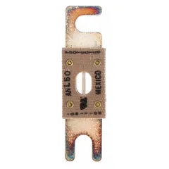 Bolt-on, fast-acting fuse rated 50 A at 80 V DC, with visual blown-fuse indication. Suitable for AC/DC overcurrent protection in power circuits of industrial equipment such as forklifts. Part of the ANL series, equivalent to ANL and CNL series.