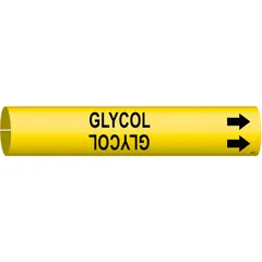 Yellow snap-on pipe marker with black legend reading 'Glycol' and directional arrows. Fits pipe outer diameters from 1-1/2 to 2-3/8 inches. Used to identify glycol piping systems and indicate flow direction in industrial facilities.